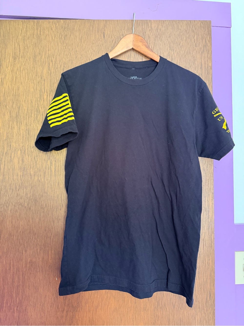 Grunt Style Black Short-Sleeve Tee with Yellow Sleeve Stripes
